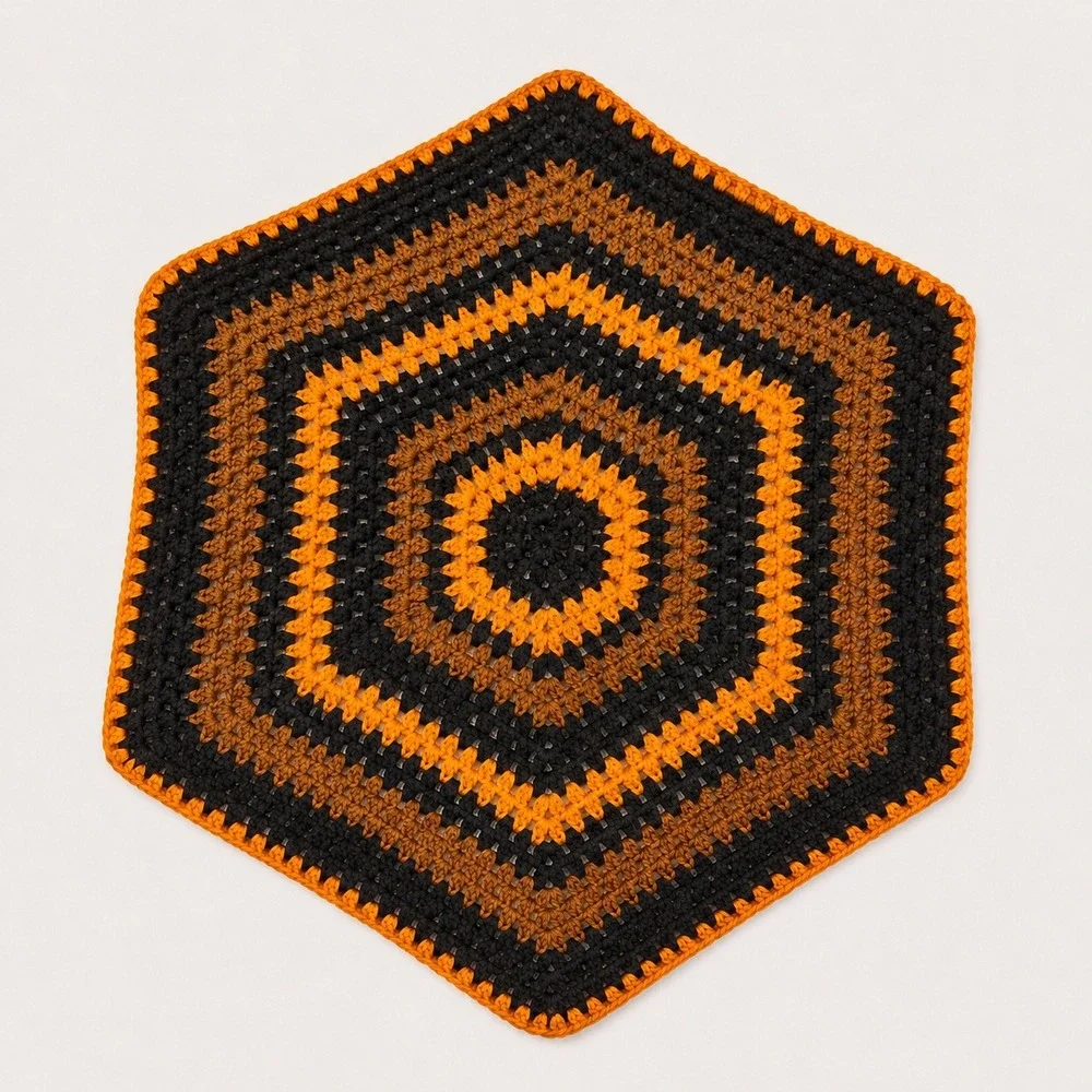 Vintage Crochet Hexagon Baby Blanket Lap Afghan Retro 1970s Orange Brown Black